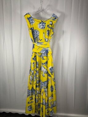 NWT SAMANTHA SUNG Amanda Dress Yellow Animal-Print Maxi with Sash size 12